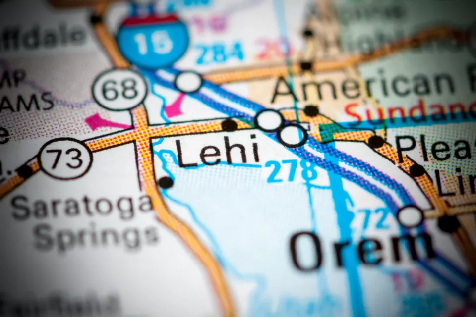 A map focused on the city of Lehi, Utah, showing Interstate 15, which runs through the city.